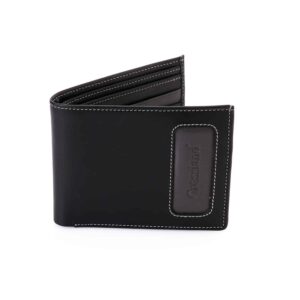 Genuine Leather Tri-Fold Wallet, Window ID Slot - RFID Blocking Technology -Black