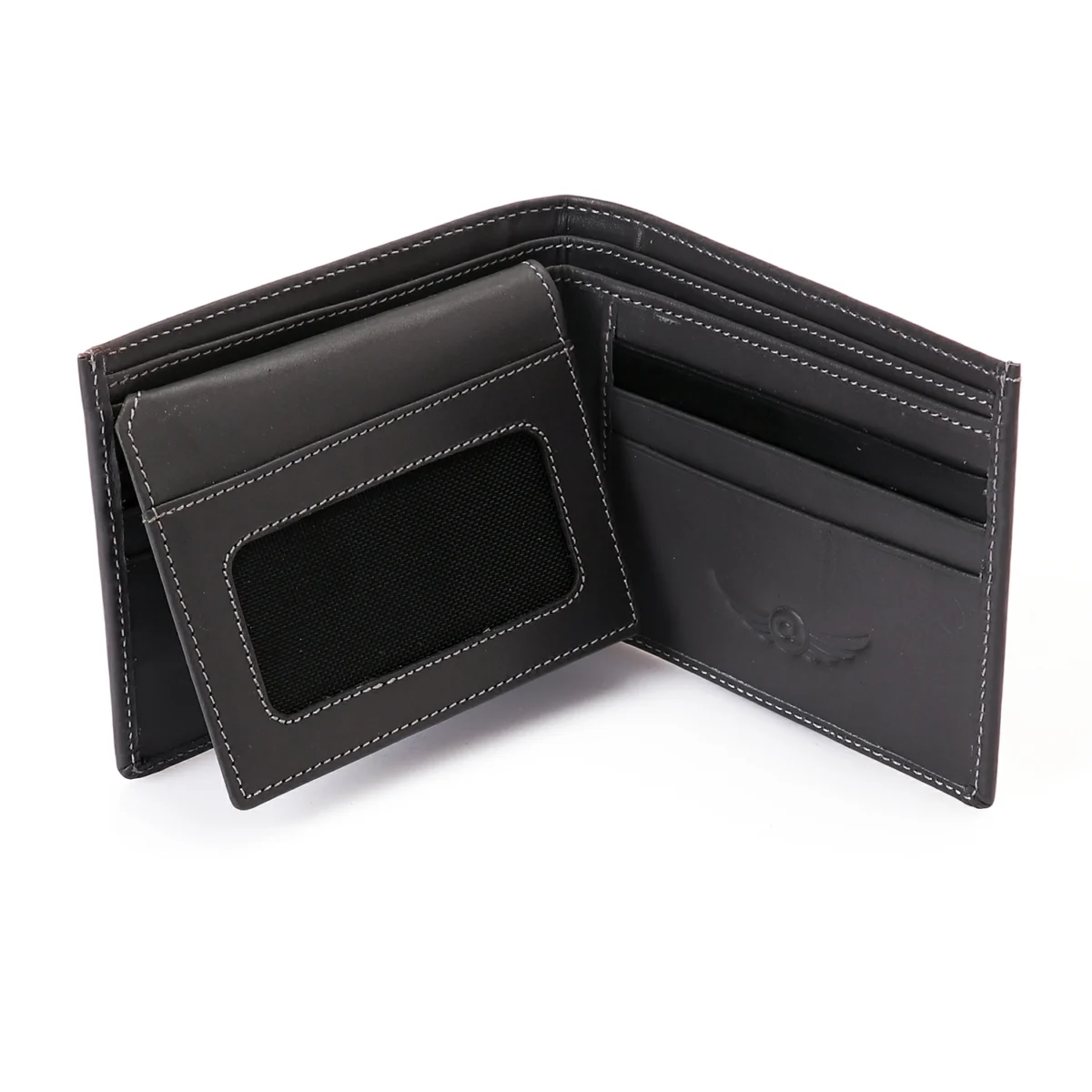 Genuine Leather Tri-Fold Wallet, Window ID Slot - RFID Blocking Technology- Grey - Image 3