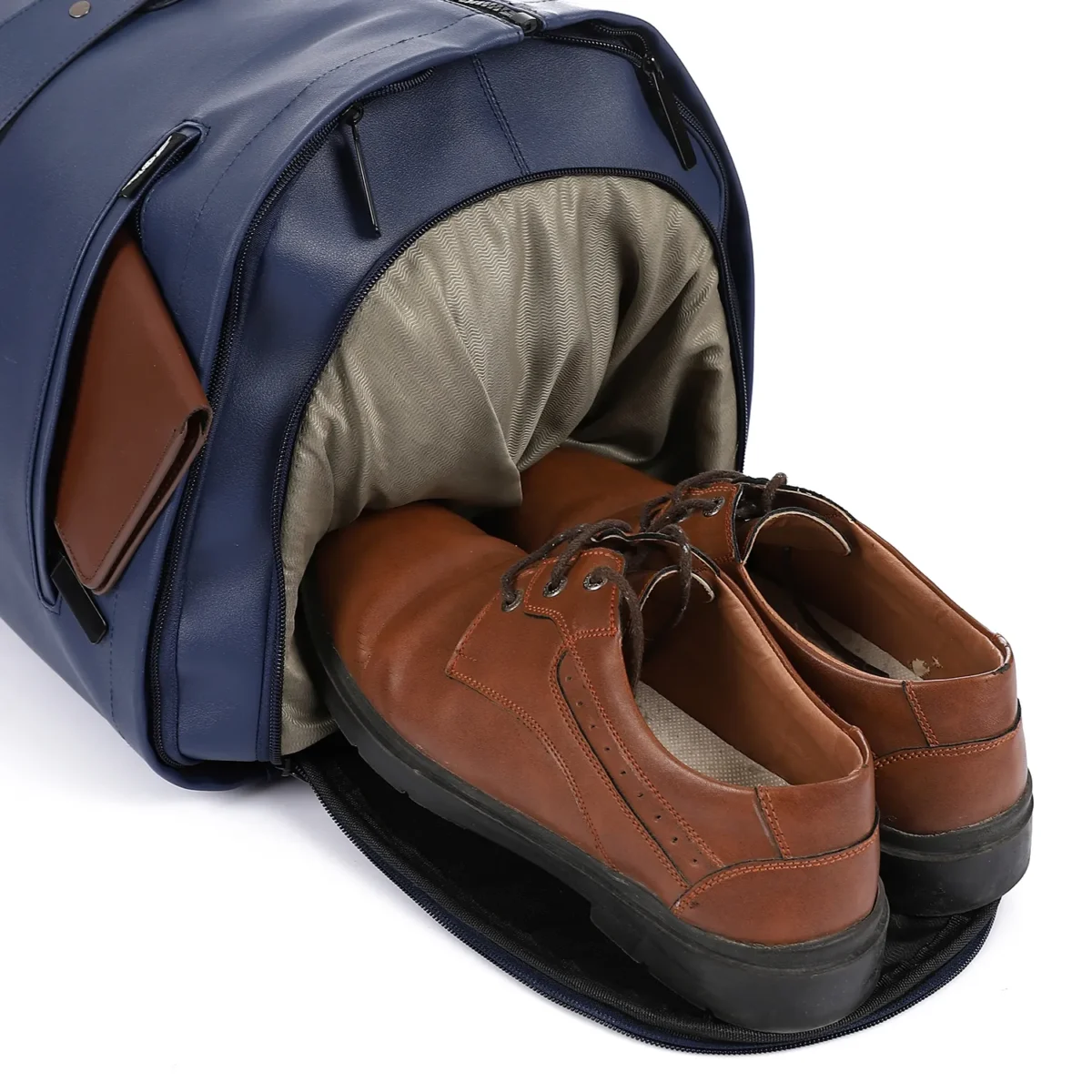Premium Folding Leather Duffel Bag, Cabin Size with Suit and Shoe Compartments - Image 2