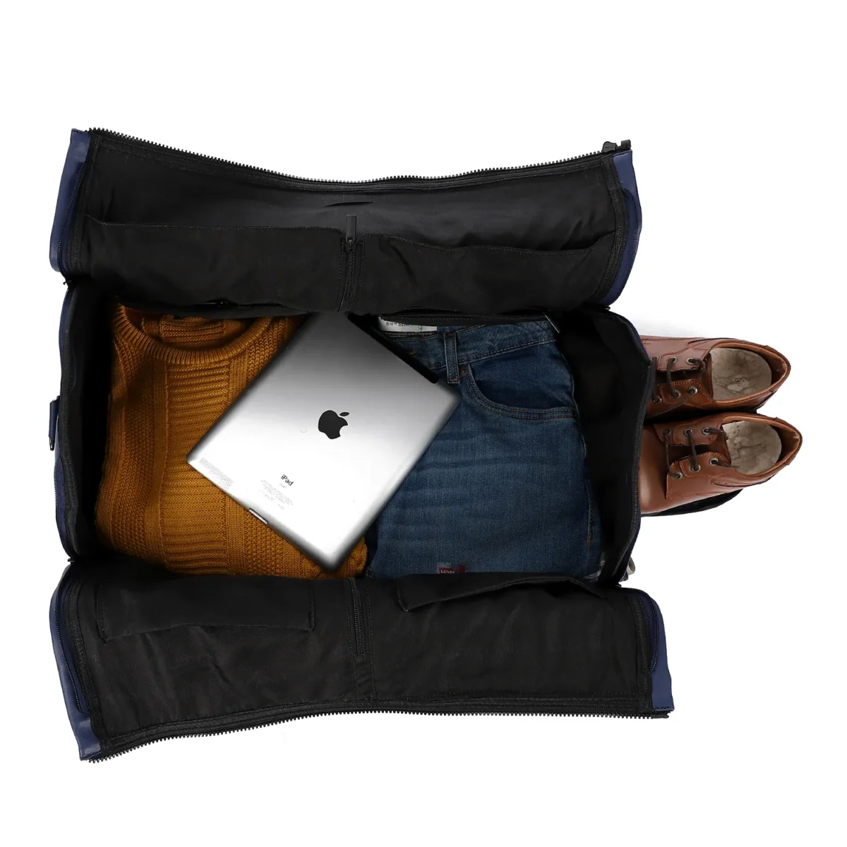 Premium Folding Duffel – Linen & Leather Travel Bag with Suit and Shoe Compartments - Image 3