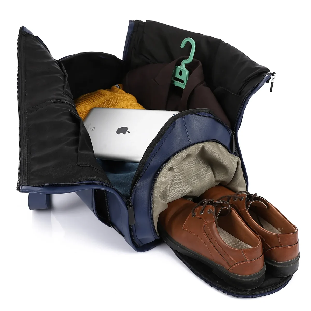 Premium Folding Leather Duffel Bag, Cabin Size with Suit and Shoe Compartments - Image 3