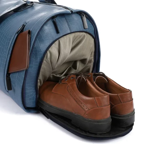 Blue bag with brown shoes inside