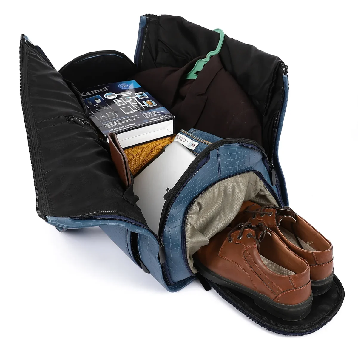 Premium Folding Duffel Bag Crocodile Leather, Cabin Size with Suit and Shoe Compartments - Image 2