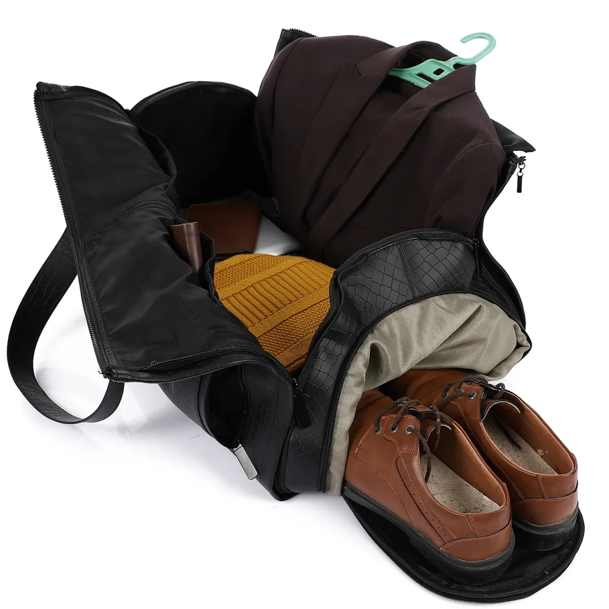Premium Folding Duffel – Linen & Leather Travel Bag with Suit and Shoe Compartments - Image 4