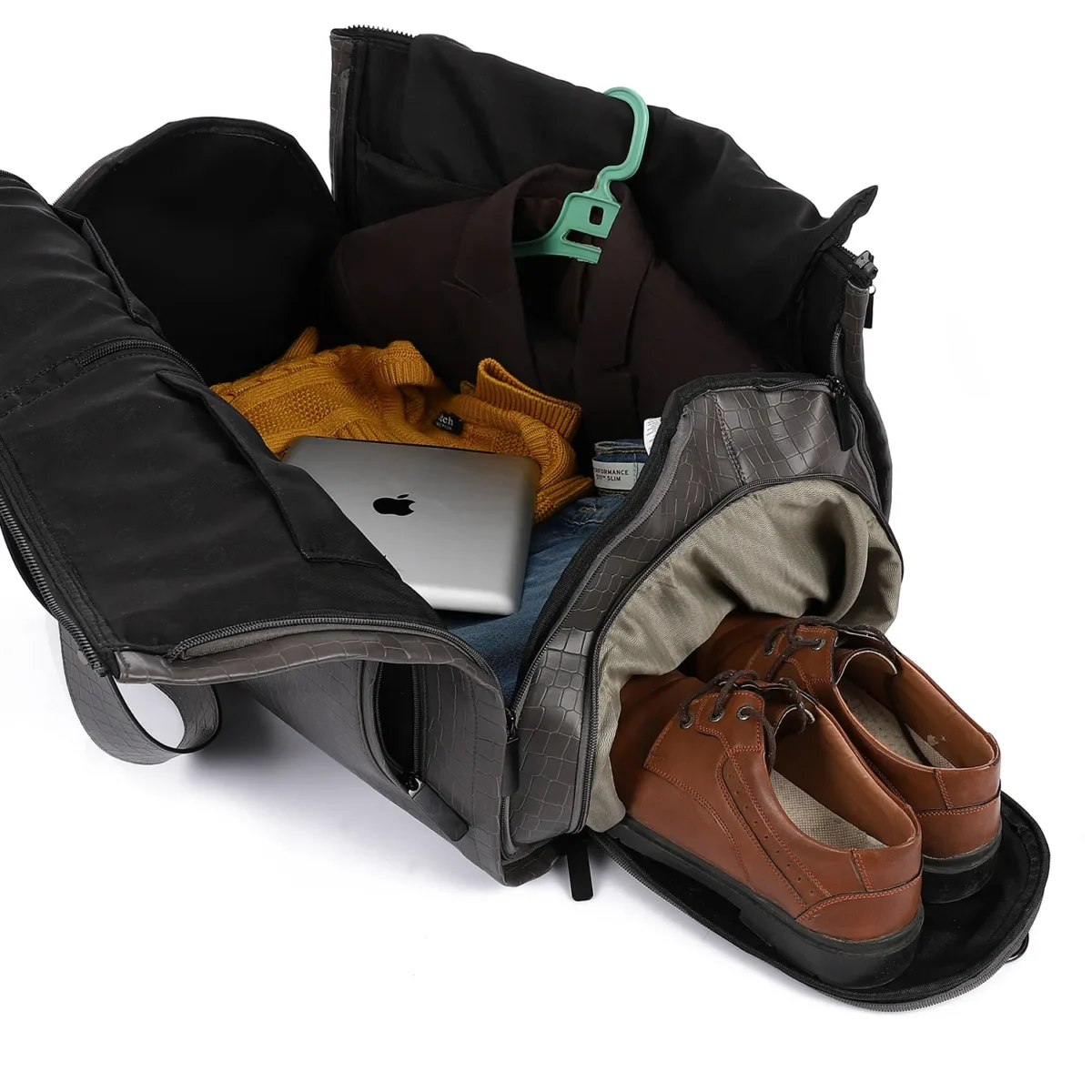Premium Folding Duffel Bag Crocodile Leather, Cabin Size with Suit and Shoe Compartments - Image 7
