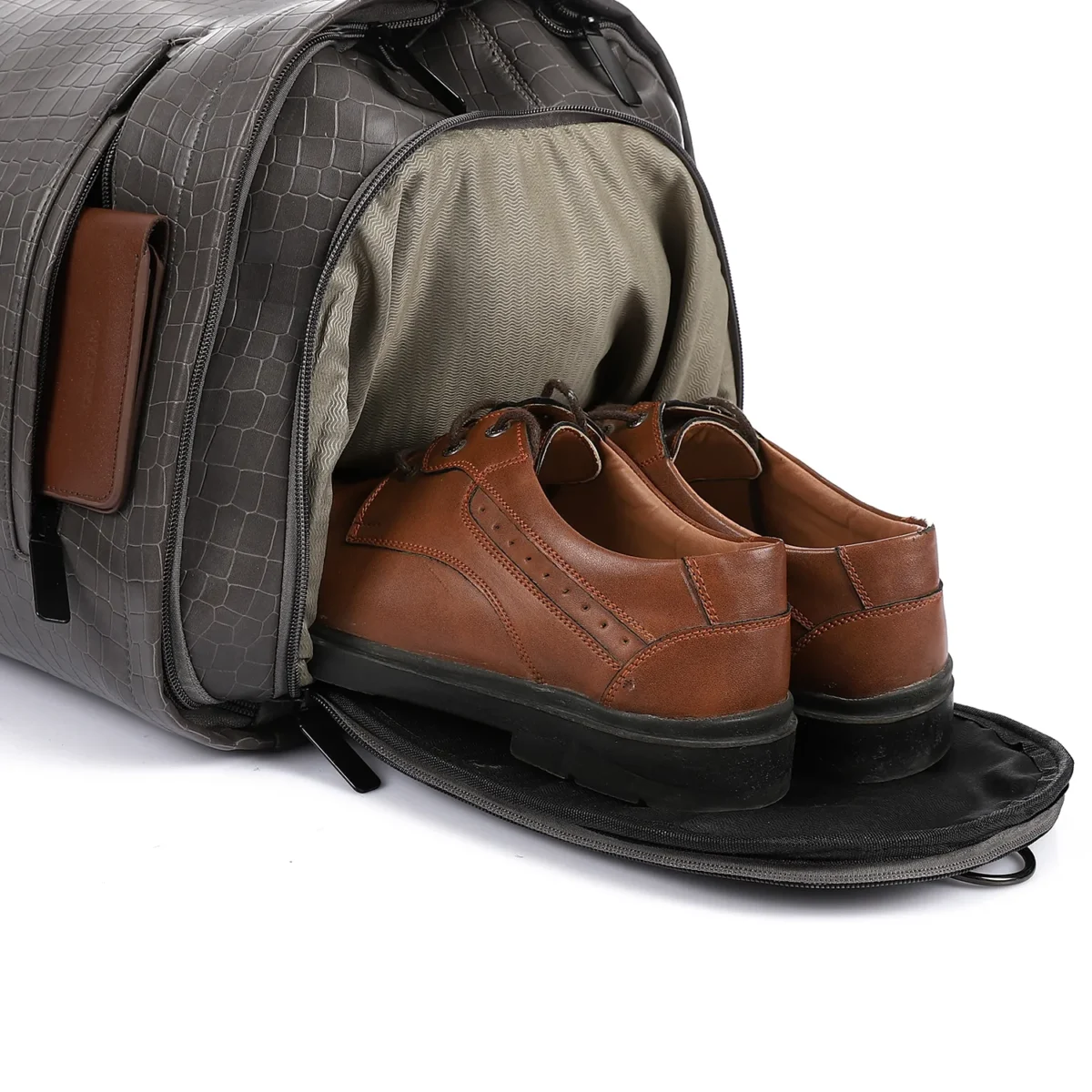 Premium Folding Duffel Bag Crocodile Leather, Cabin Size with Suit and Shoe Compartments - Image 2