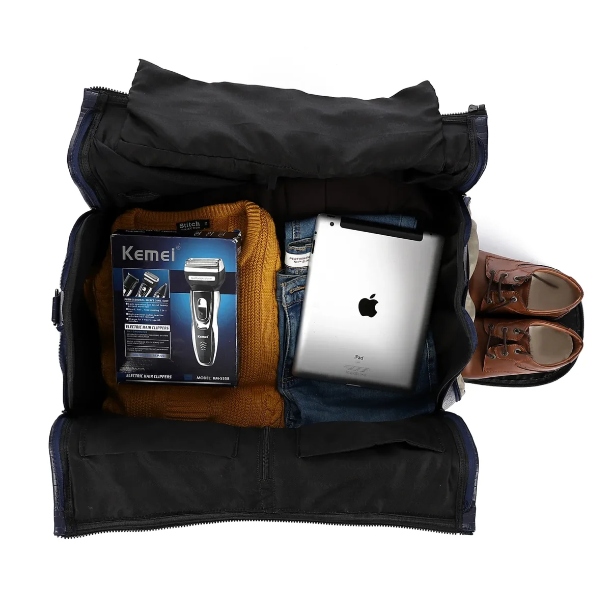 Premium Folding Duffel Bag Crocodile Leather, Cabin Size with Suit and Shoe Compartments - Image 4