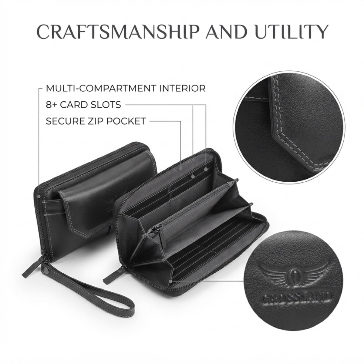 Brown Genuine Leather Clutch Handbag- Interior Card Slots and Hand Strap - Image 3