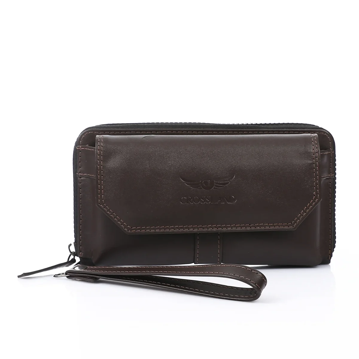 Brown Genuine Leather Clutch Handbag- Interior Card Slots and Hand Strap - Image 2