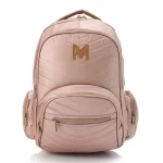 a pink backpack with a gold m on it