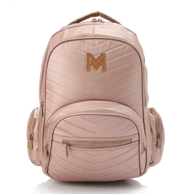 a pink backpack with a gold m on it