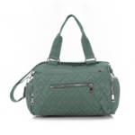 Green CROSSLAND quilted duffel bag with black handles, detachable shoulder strap, and multiple silver zippered pockets, shown against a white background.