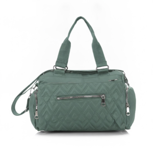 Green CROSSLAND quilted duffel bag with black handles, detachable shoulder strap, and multiple silver zippered pockets, shown against a white background.