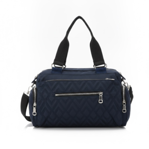 Navy blue CROSSLAND quilted duffel bag with black handles, detachable shoulder strap, and multiple silver zippered pockets, shown against a white background.
