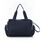 Navy blue CROSSLAND quilted duffel bag with black handles, detachable shoulder strap, and multiple silver zippered pockets, shown against a white background.