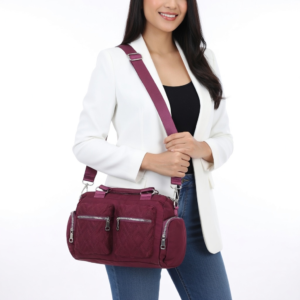 Woman with Burgundy Shoulder Bag