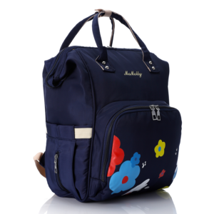 Navy Blue backpack with colorful flower designs
